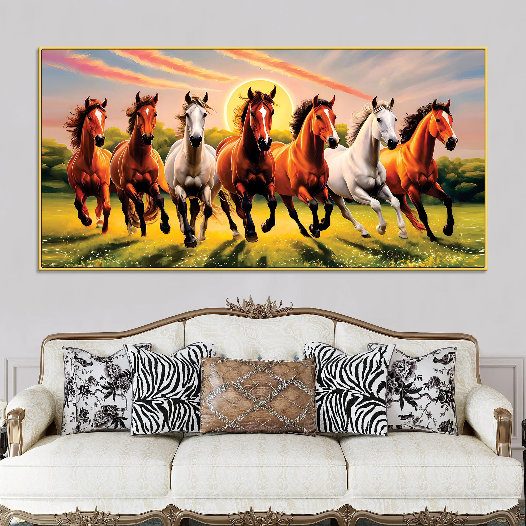 Beautiful Scenery of Seven Horses Canvas Wall Painting - Image 2