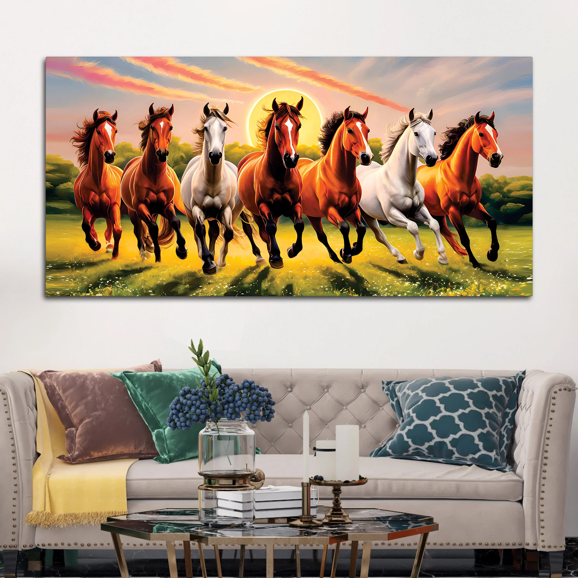 Beautiful Scenery of Seven Horses Canvas Wall Painting - Image 3