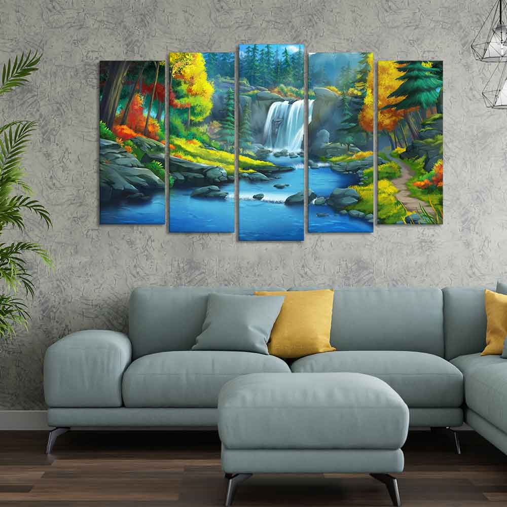 Beautiful Scenery of Waterfall in Forest Canvas Wall Painting Five Pieces - Image 2