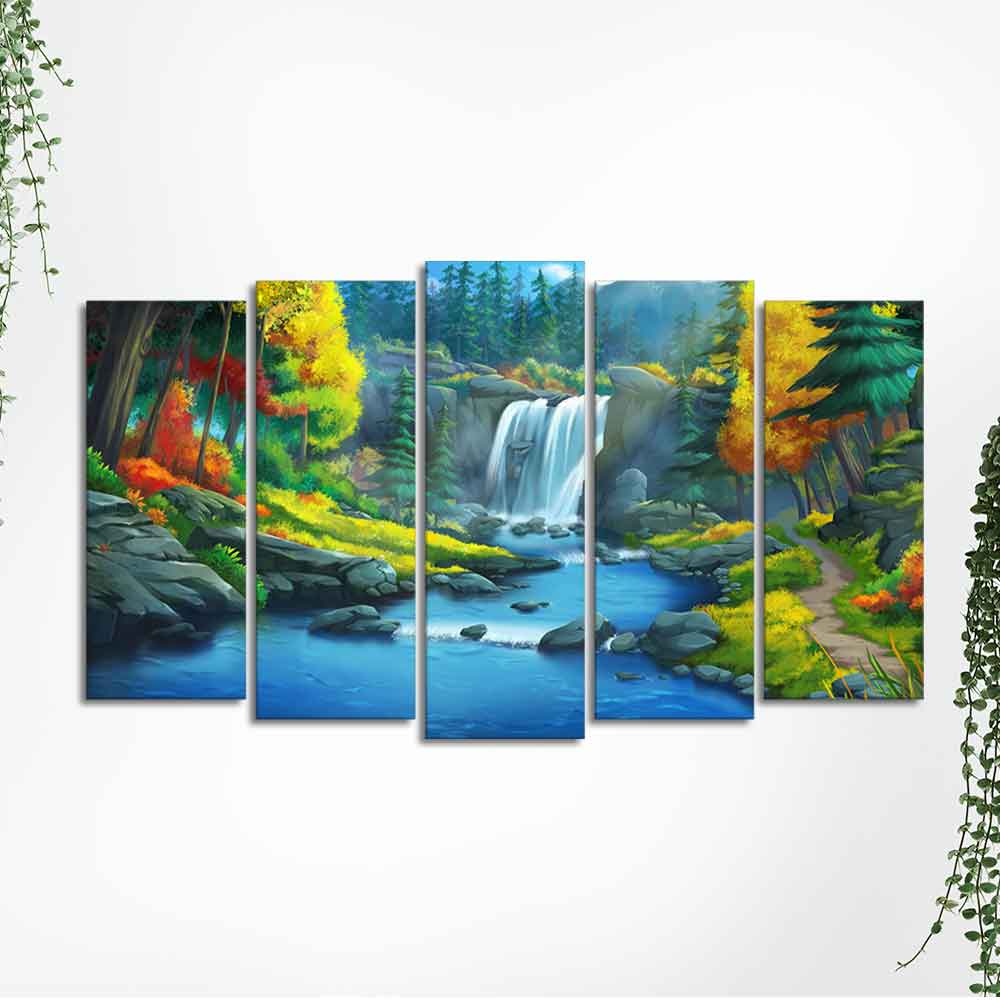 Beautiful Scenery of Waterfall in Forest Canvas Wall Painting Five Pieces - Image 5