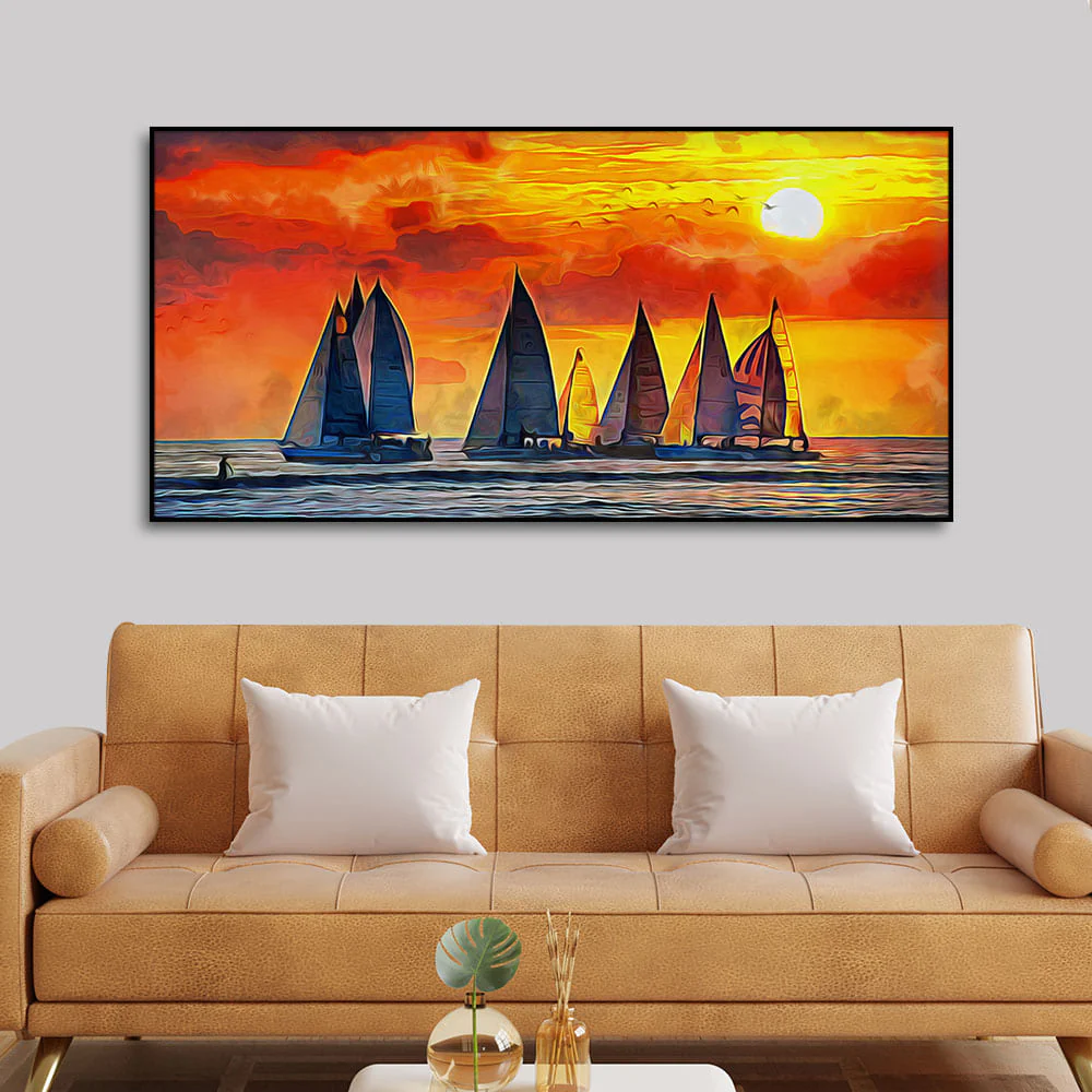 Beautiful Seascape with Sunset Canvas Wall Painting - Image 3