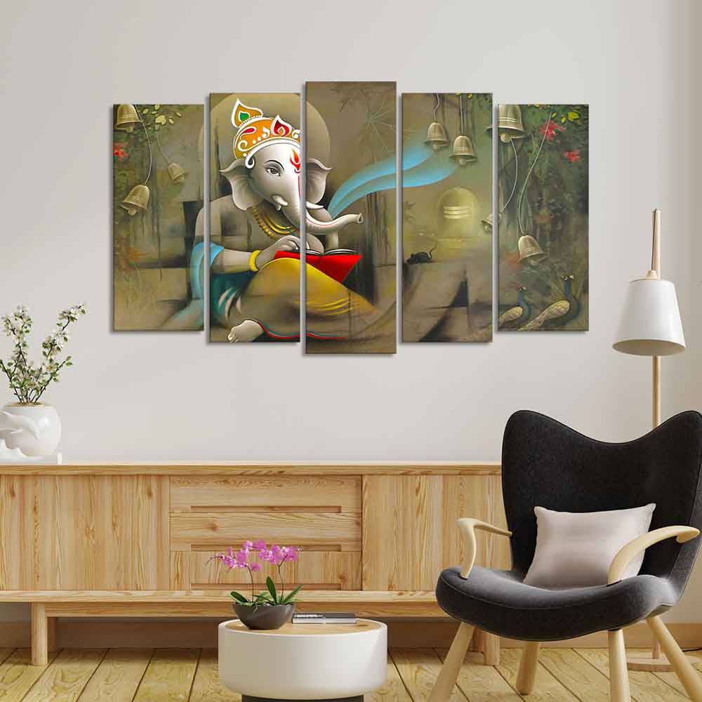 Beautiful Shree Ganesh Premium Wall Painting Set of Five Pieces - Image 3