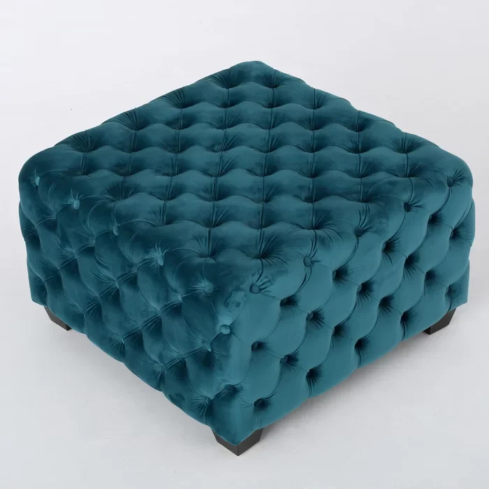 Beautiful Square Shaped Artistic Design Royal Blue Tufted Velvet Ottoman - Image 2