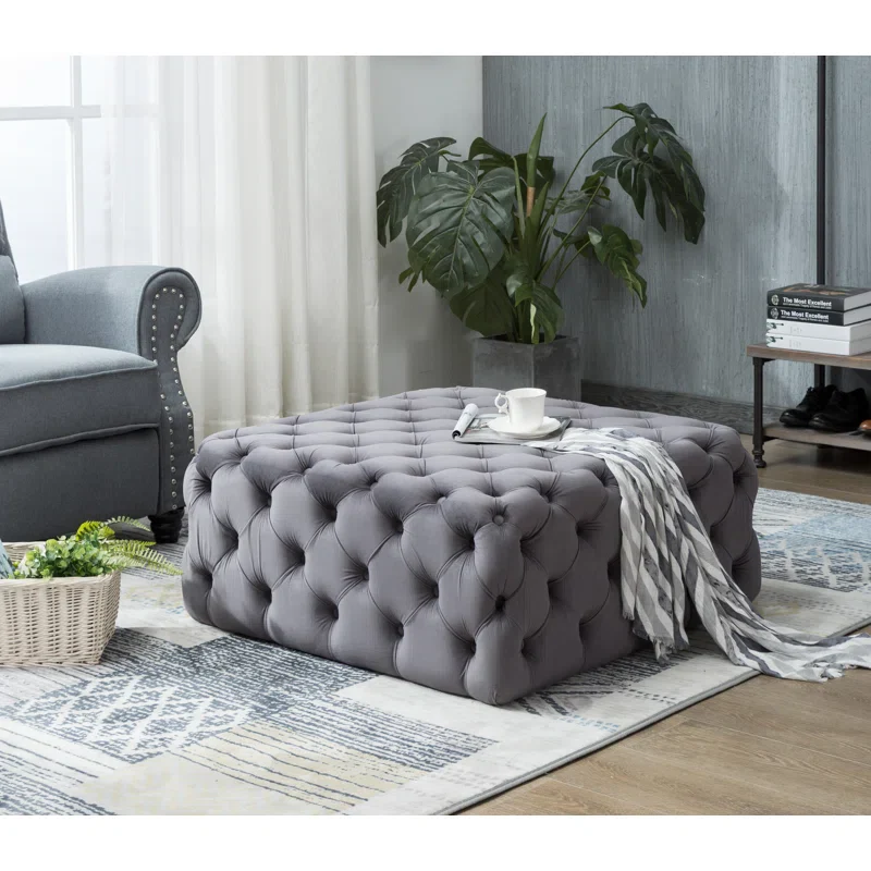 Beautiful Square Shaped Artistic Design Tufted Grey Velvet Ottoman - Image 2