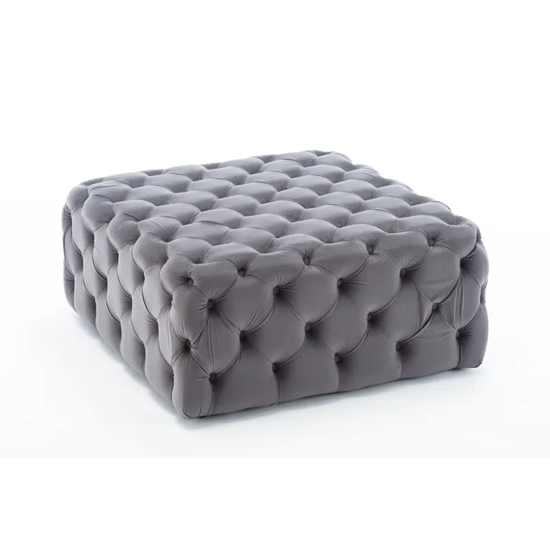 Beautiful Square Shaped Artistic Design Tufted Grey Velvet Ottoman - Image 3