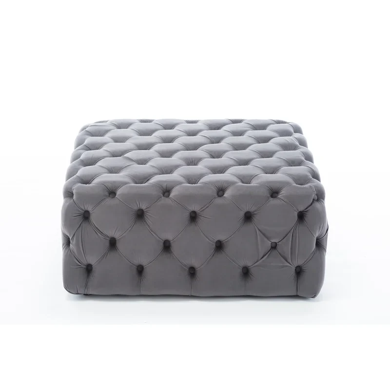 Beautiful Square Shaped Artistic Design Tufted Grey Velvet Ottoman - Image 4