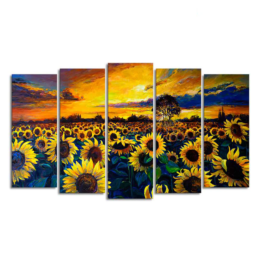 Beautiful Sunflower Garden Canvas Wall Painting of Five Pieces - Image 4