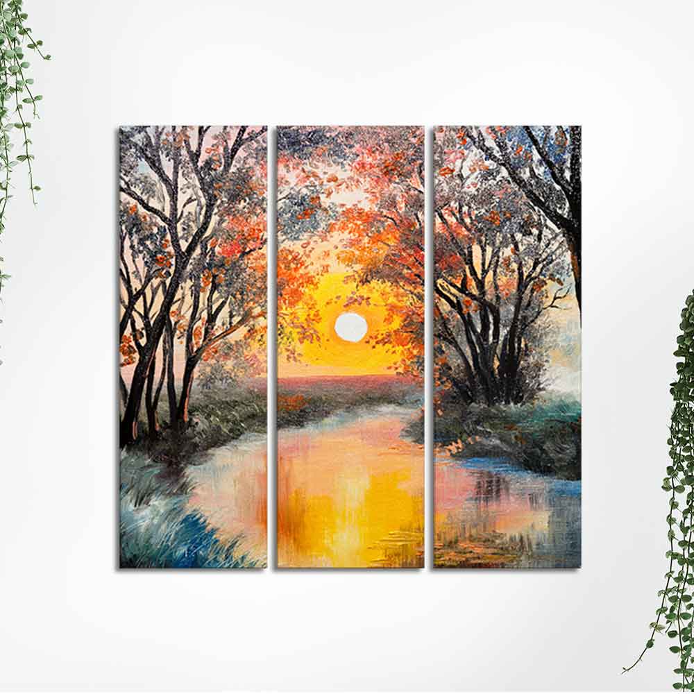 Beautiful Sunset at River Wall Painting Set of 3 Pieces - Image 5