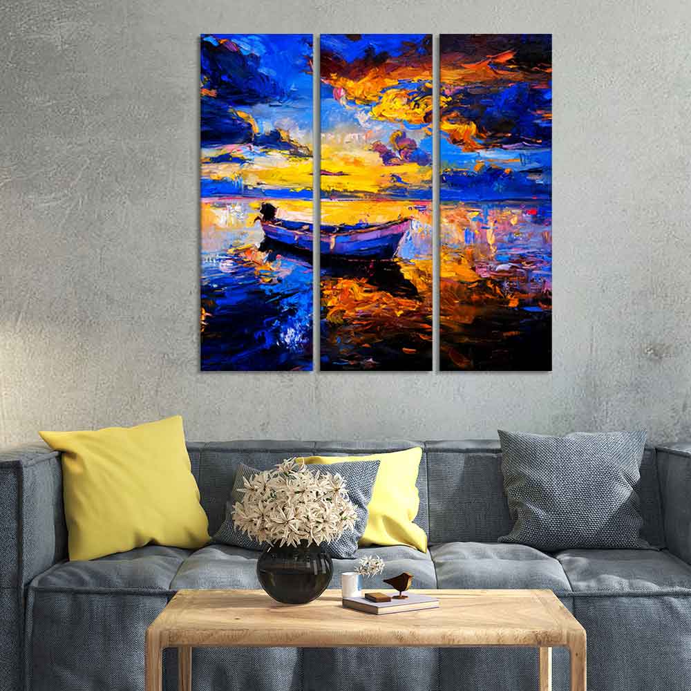 Beautiful Sunset & Boat Canvas Wall Painting of 3 Pieces - Image 2