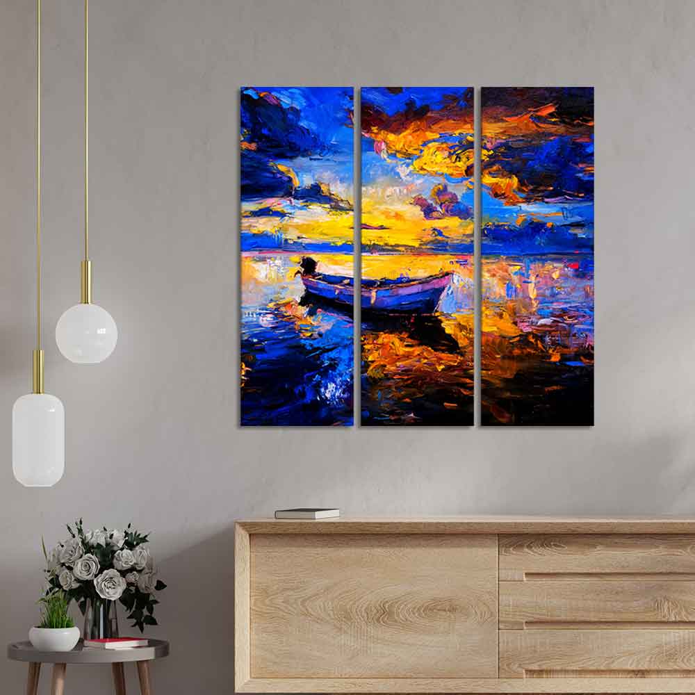 Beautiful Sunset & Boat Canvas Wall Painting of 3 Pieces - Image 3