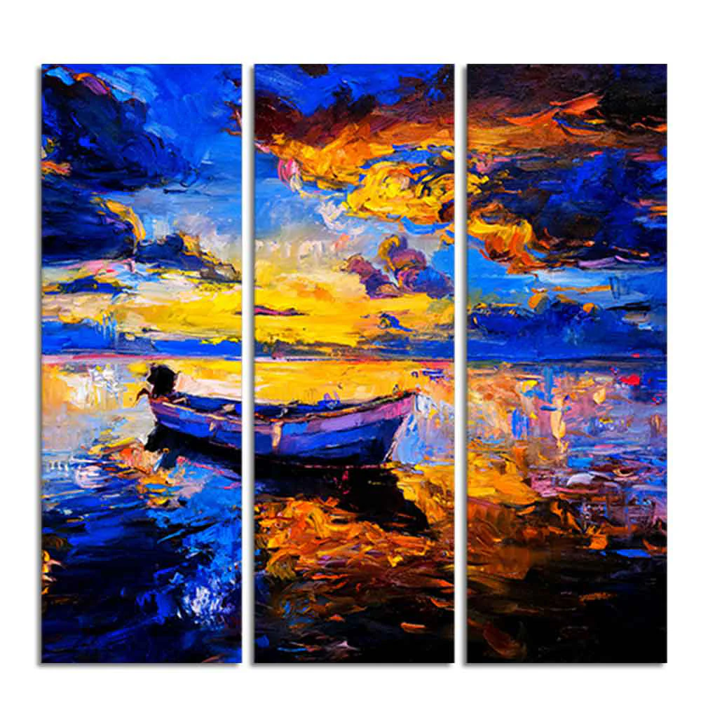 Beautiful Sunset & Boat Canvas Wall Painting of 3 Pieces - Image 4