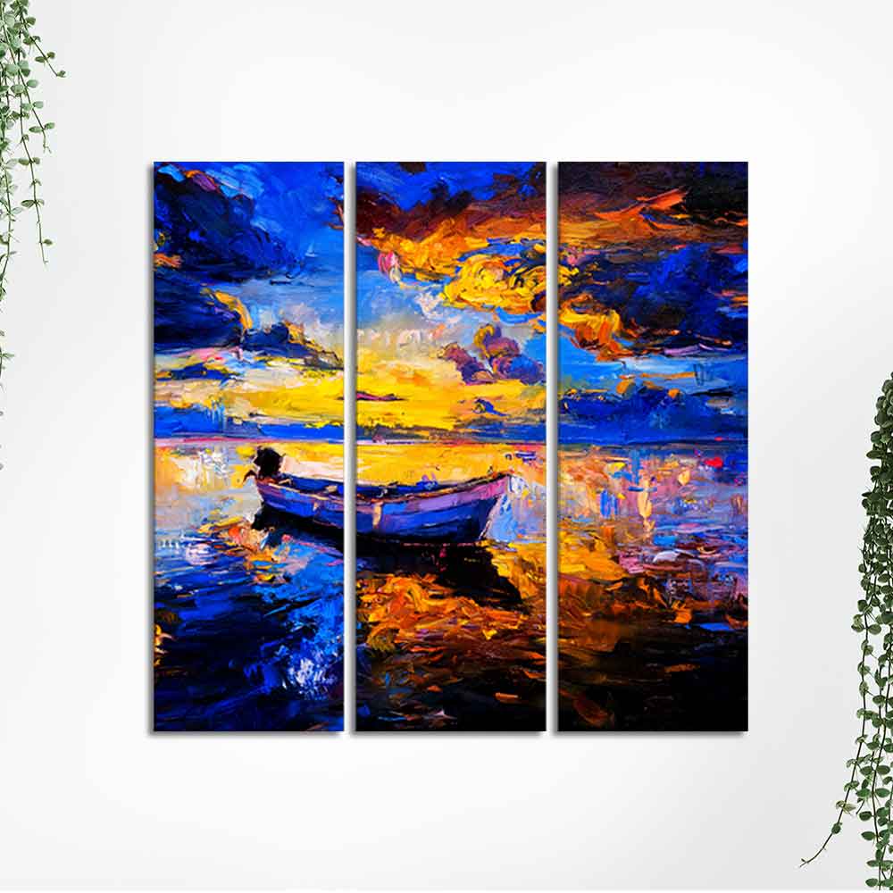Beautiful Sunset & Boat Canvas Wall Painting of 3 Pieces - Image 5