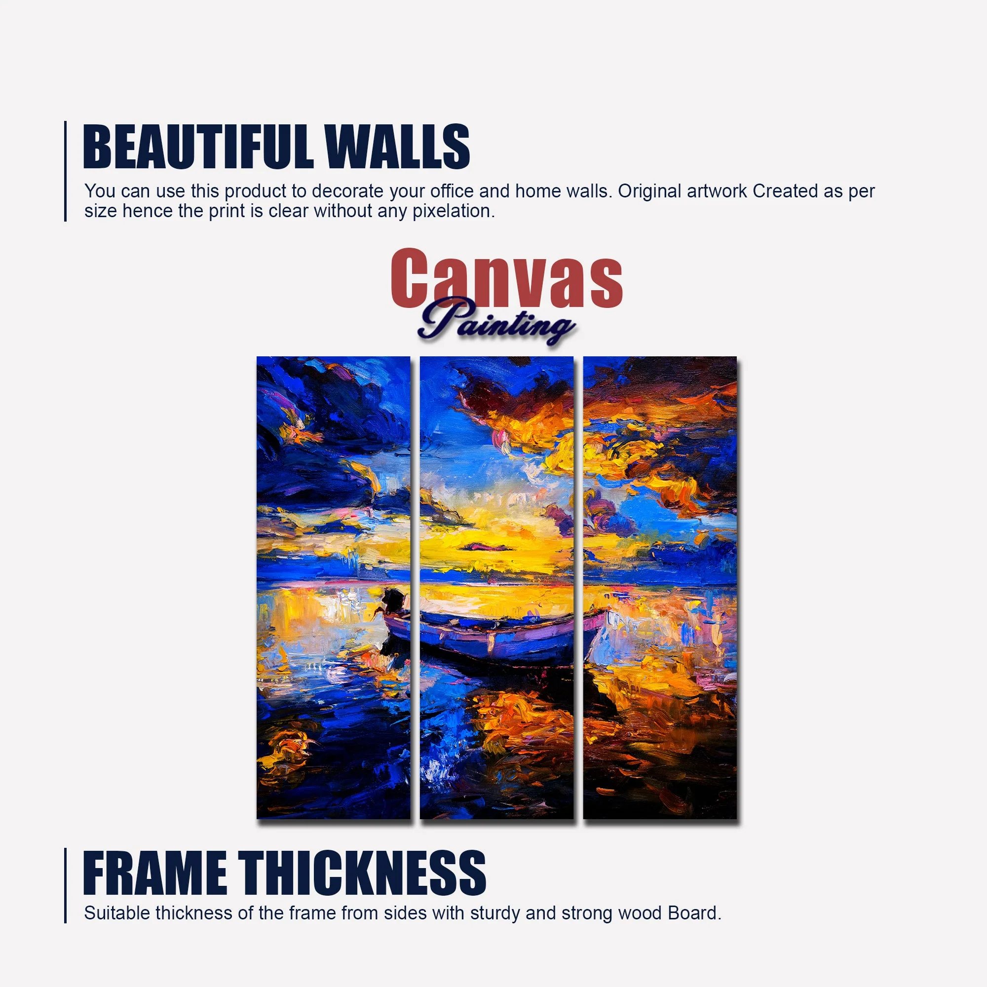 Beautiful Sunset & Boat Canvas Wall Painting of 3 Pieces - Image 6