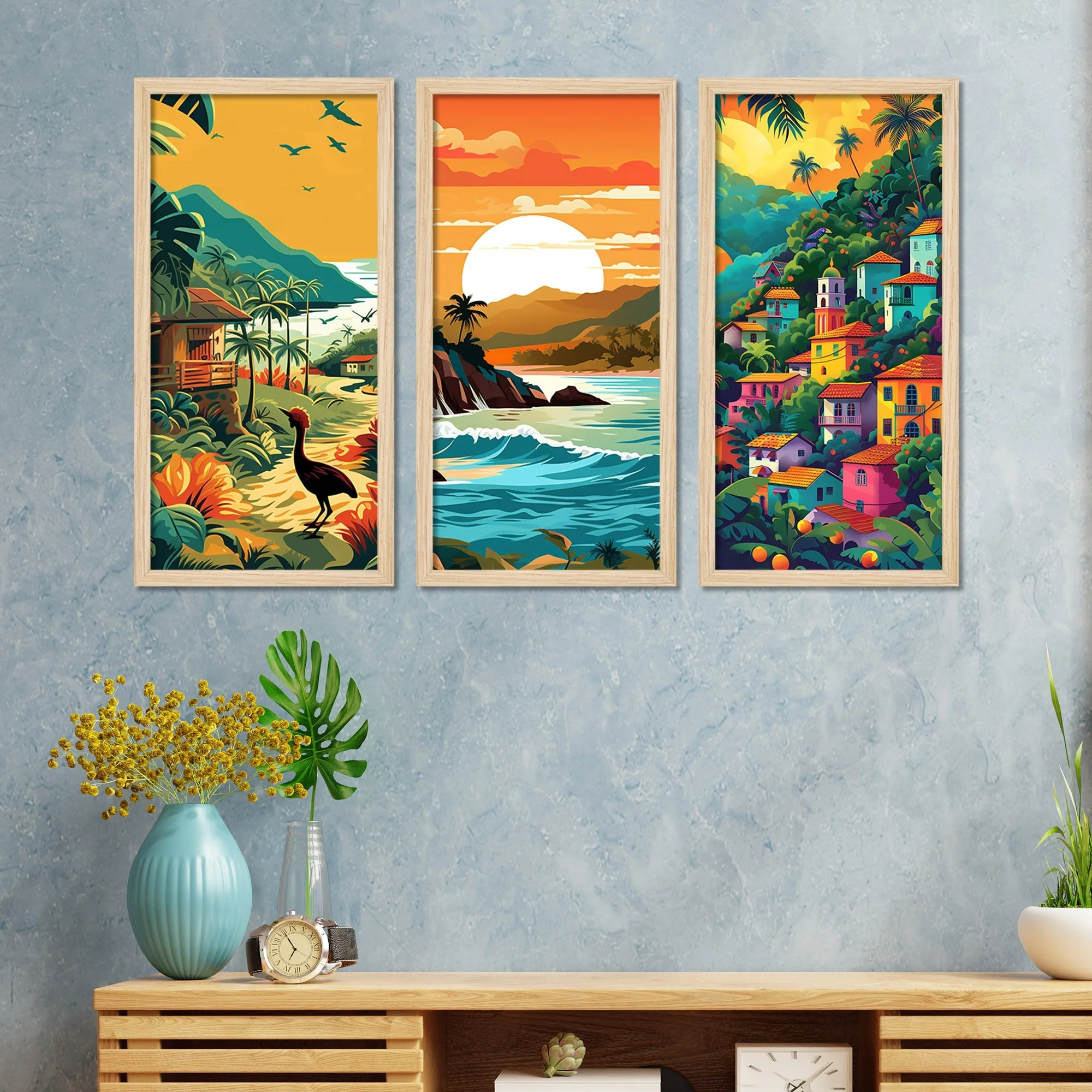 Beautiful Sunset Nature View Wooden Wall Frame Set of Three - Image 3
