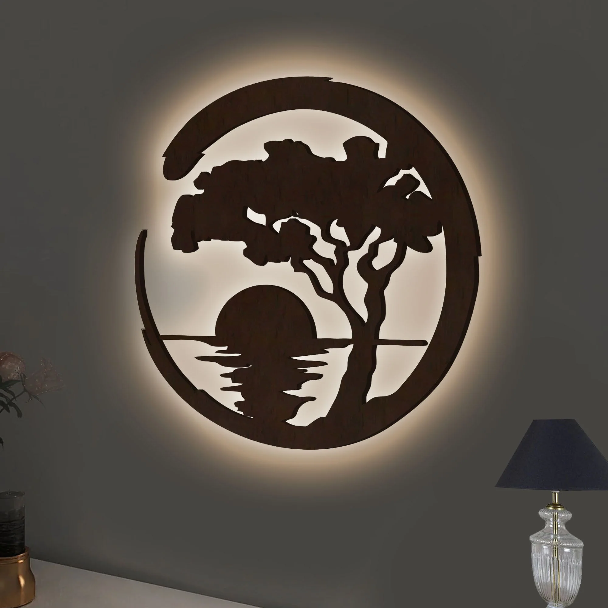 Beautiful Sunset Scenery Backlit Wooden Wall Decor with LED Night Light Walnut Finish - Image 2