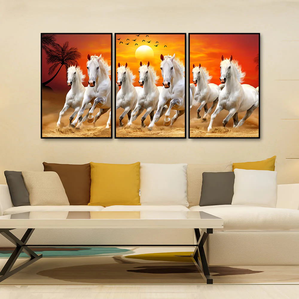 Beautiful Sunset with Running Horses Scenery Floating Wall Painting Set of 3 - Image 2