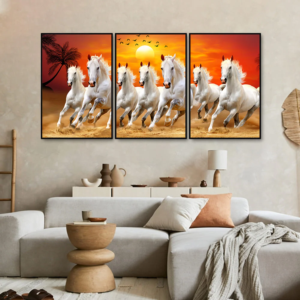 Beautiful Sunset with Running Horses Scenery Floating Wall Painting Set of 3 - Image 3