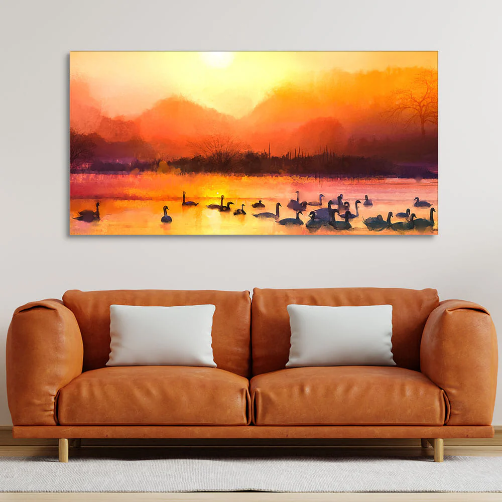 Beautiful Swans in Lake at Sunset Wall Painting - Image 2