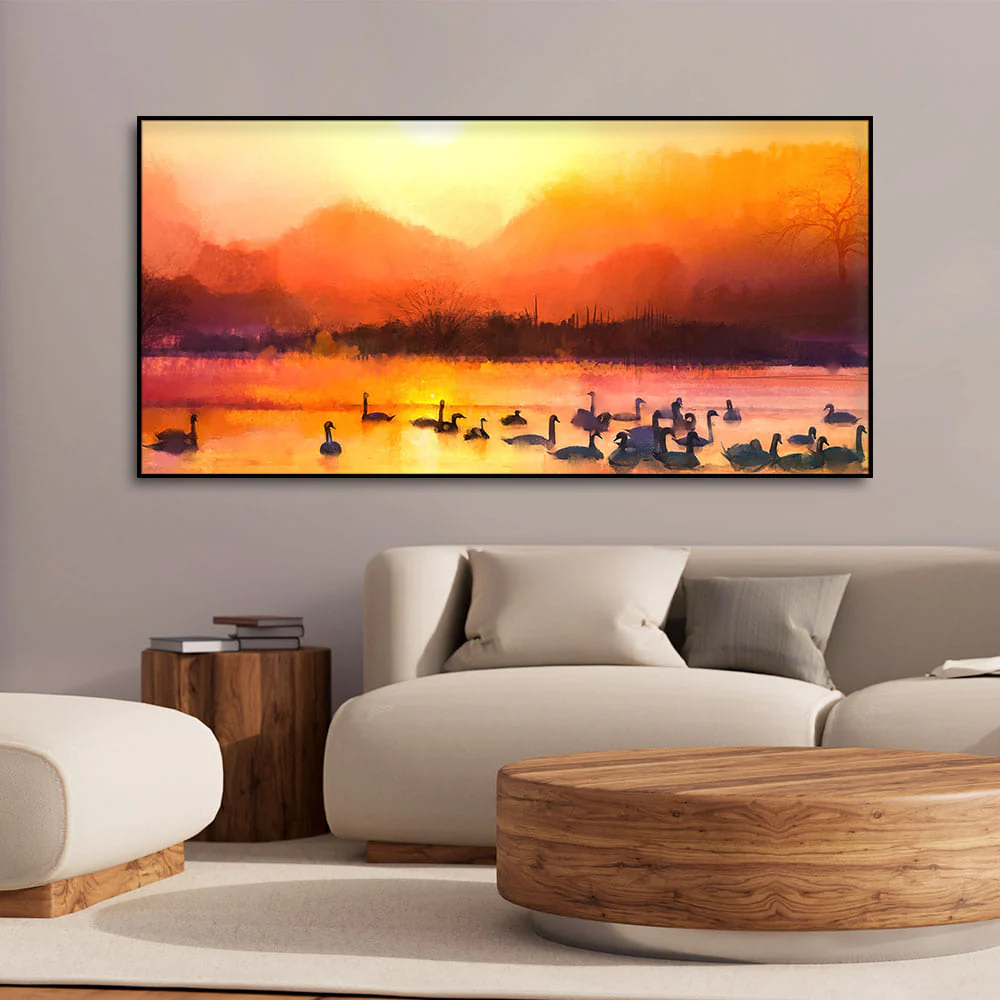 Beautiful Swans in Lake at Sunset Wall Painting - Image 3