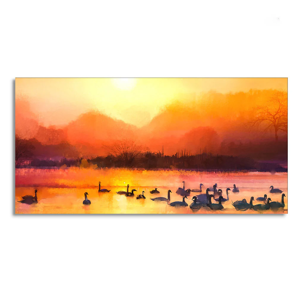 Beautiful Swans in Lake at Sunset Wall Painting - Image 4