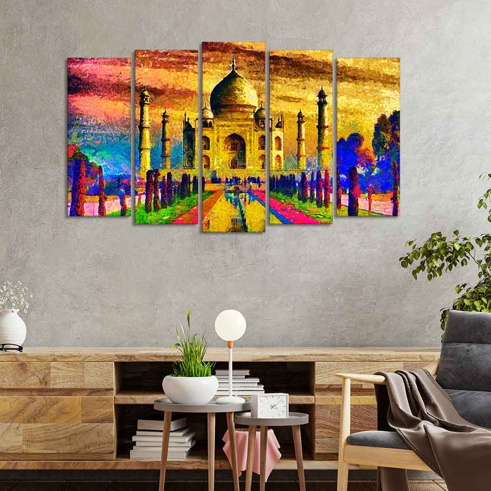 Beautiful Taj Mahal Canvas Wall Painting Set of Five Pieces - Image 2