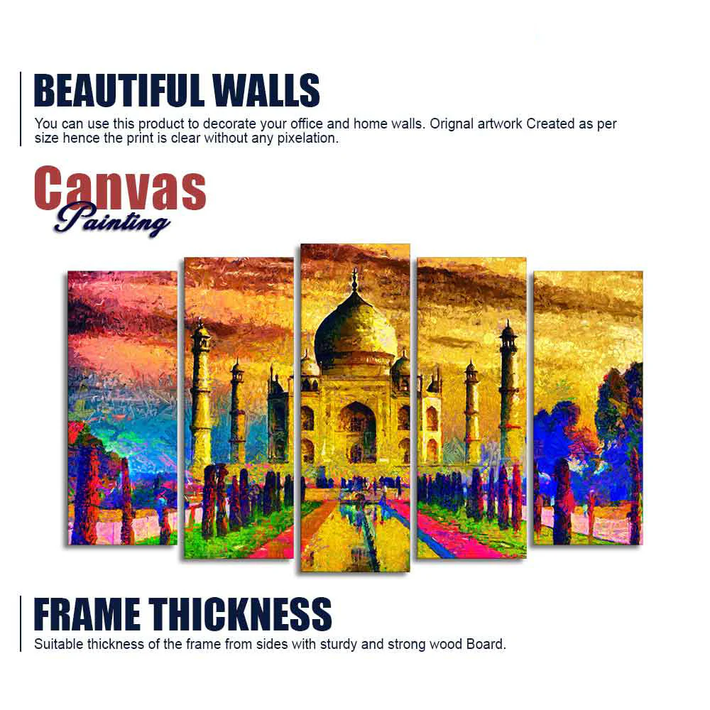 Beautiful Taj Mahal Canvas Wall Painting Set of Five Pieces - Image 6