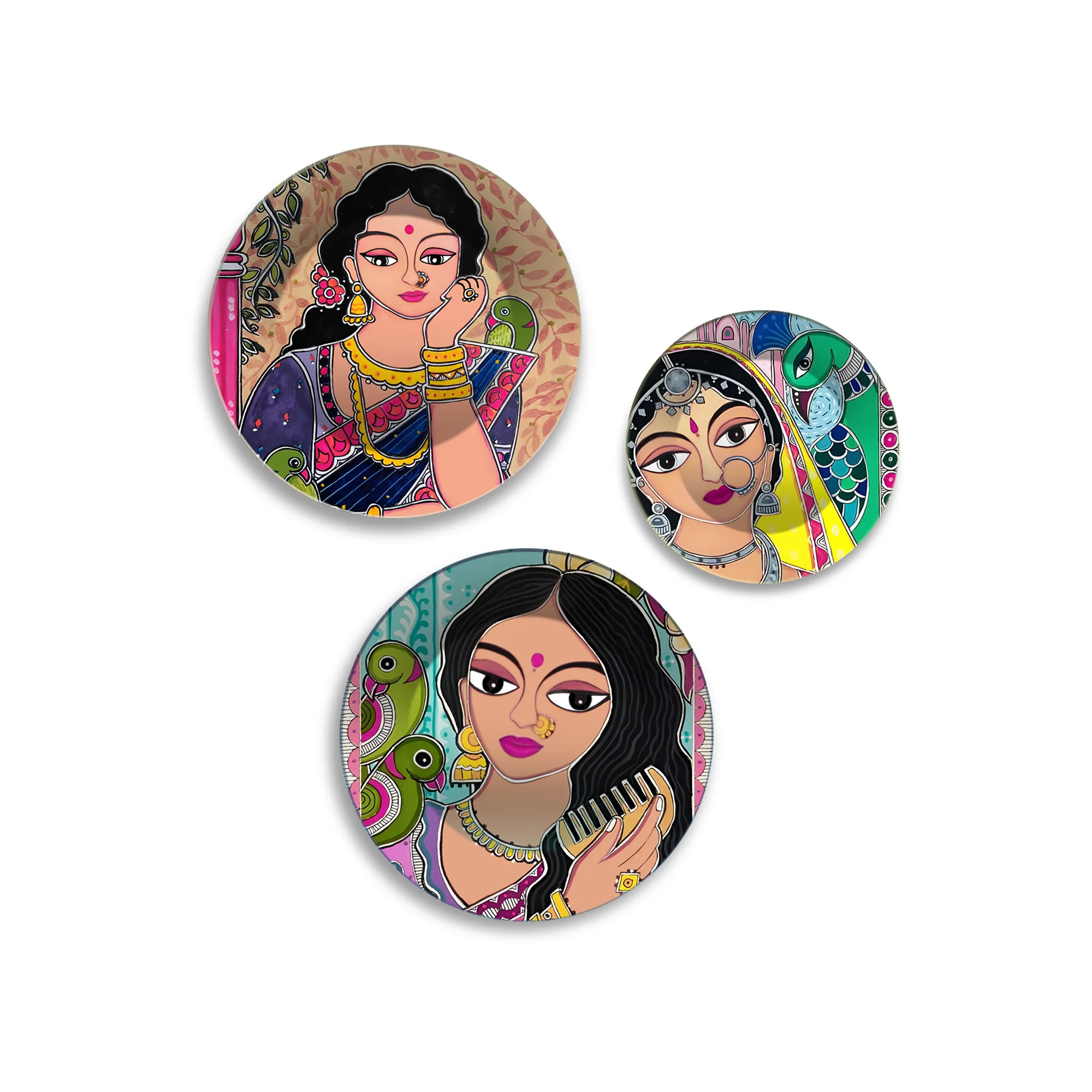 Beautiful Timeless Beauty Folk Art Premium Wall Plates Painting Set of 3 - Image 4