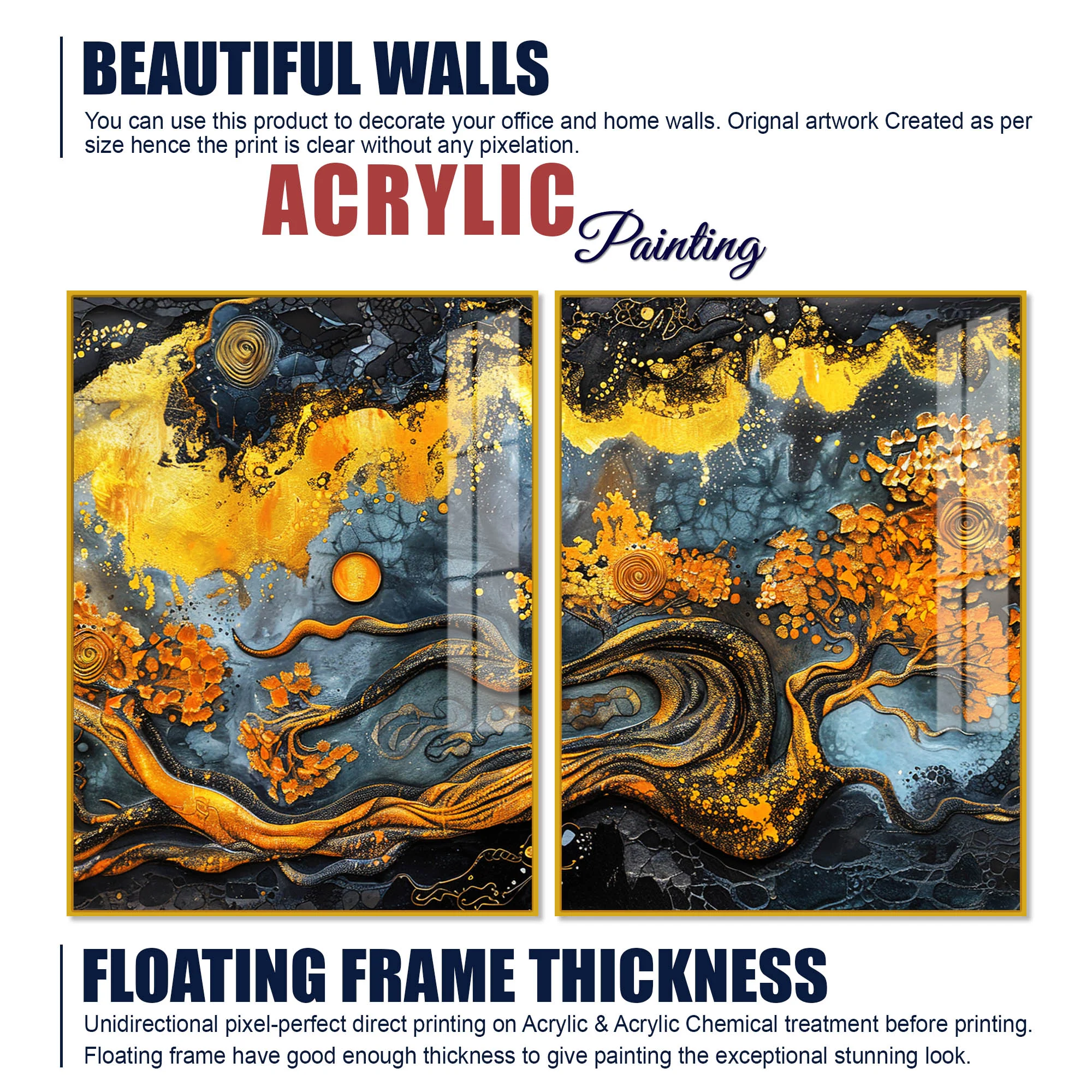 Beautiful Trees Branch Golden Textured Acrylic Art Floating Wall Painting Set of 2 - Image 5