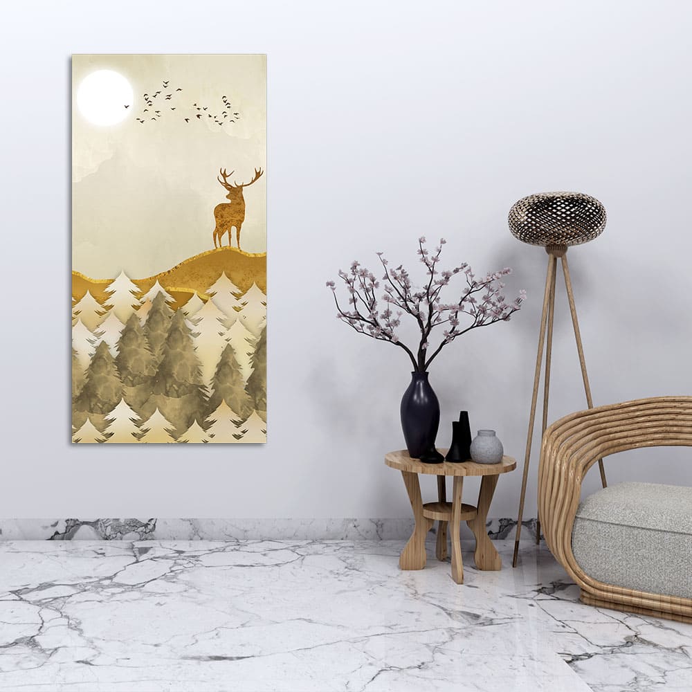 Beautiful Trees with Golden Deers Premium Canvas Wall Painting - Image 2