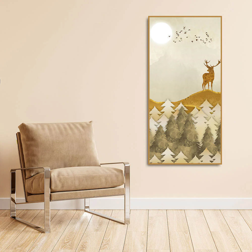 Beautiful Trees with Golden Deers Premium Canvas Wall Painting - Image 3