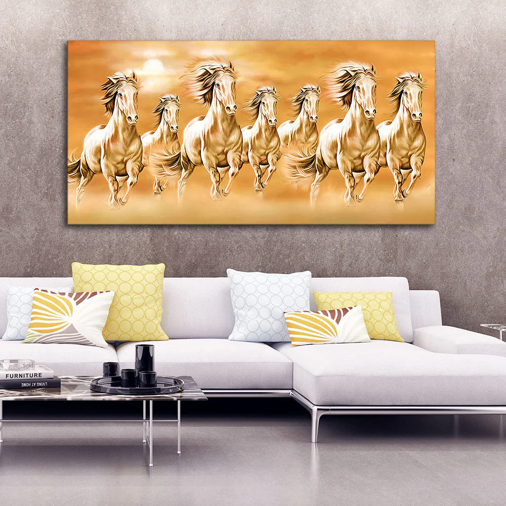 Beautiful Vastu Seven Running Horses Canvas Wall Painting - Image 2