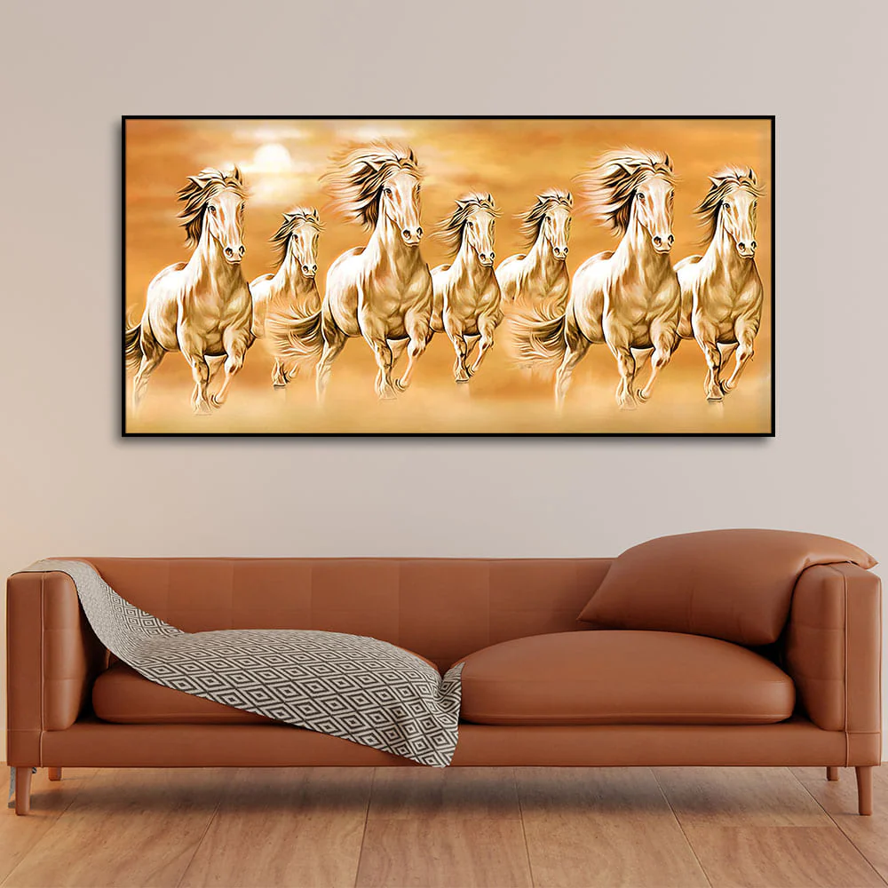 Beautiful Vastu Seven Running Horses Canvas Wall Painting - Image 3
