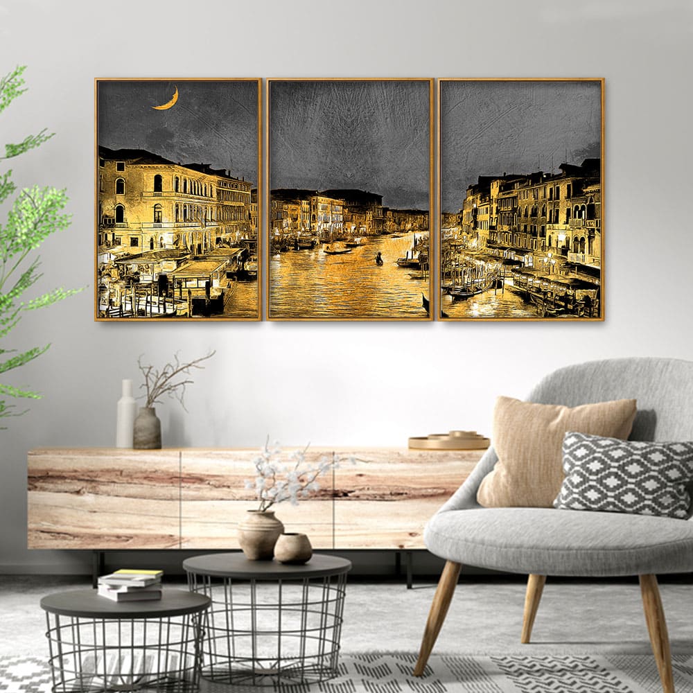 Beautiful Venice City at Night Floating Canvas Wall Painting Set of Three - Image 2