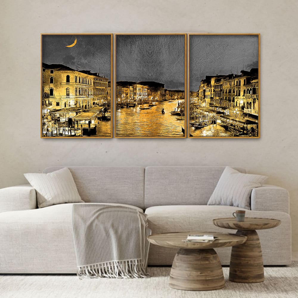 Beautiful Venice City at Night Floating Canvas Wall Painting Set of Three - Image 3