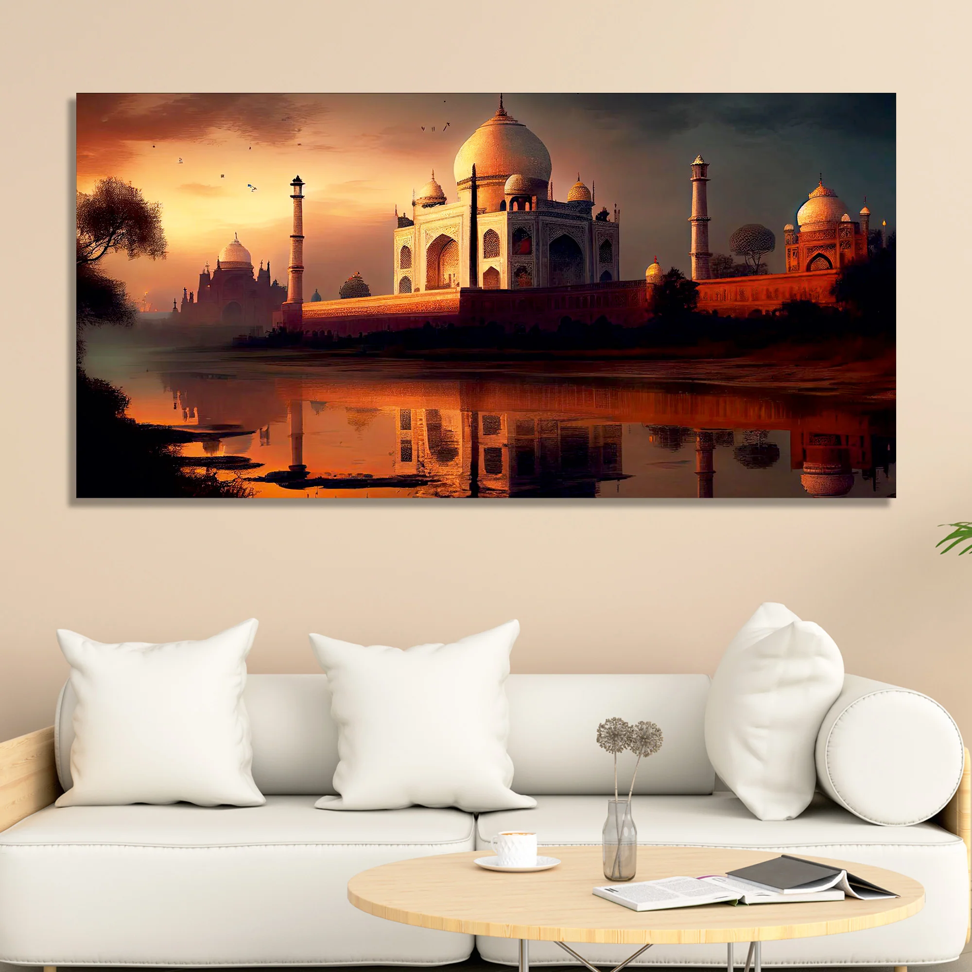 Beautiful View of Taj Mahal at Sunset Canvas Wall Painting - Image 3