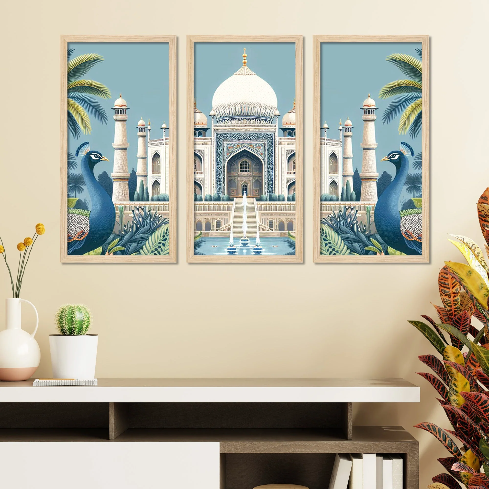 Beautiful View of Taj Mahal Classic Art Wooden Wall Frame Set of Three - Image 3