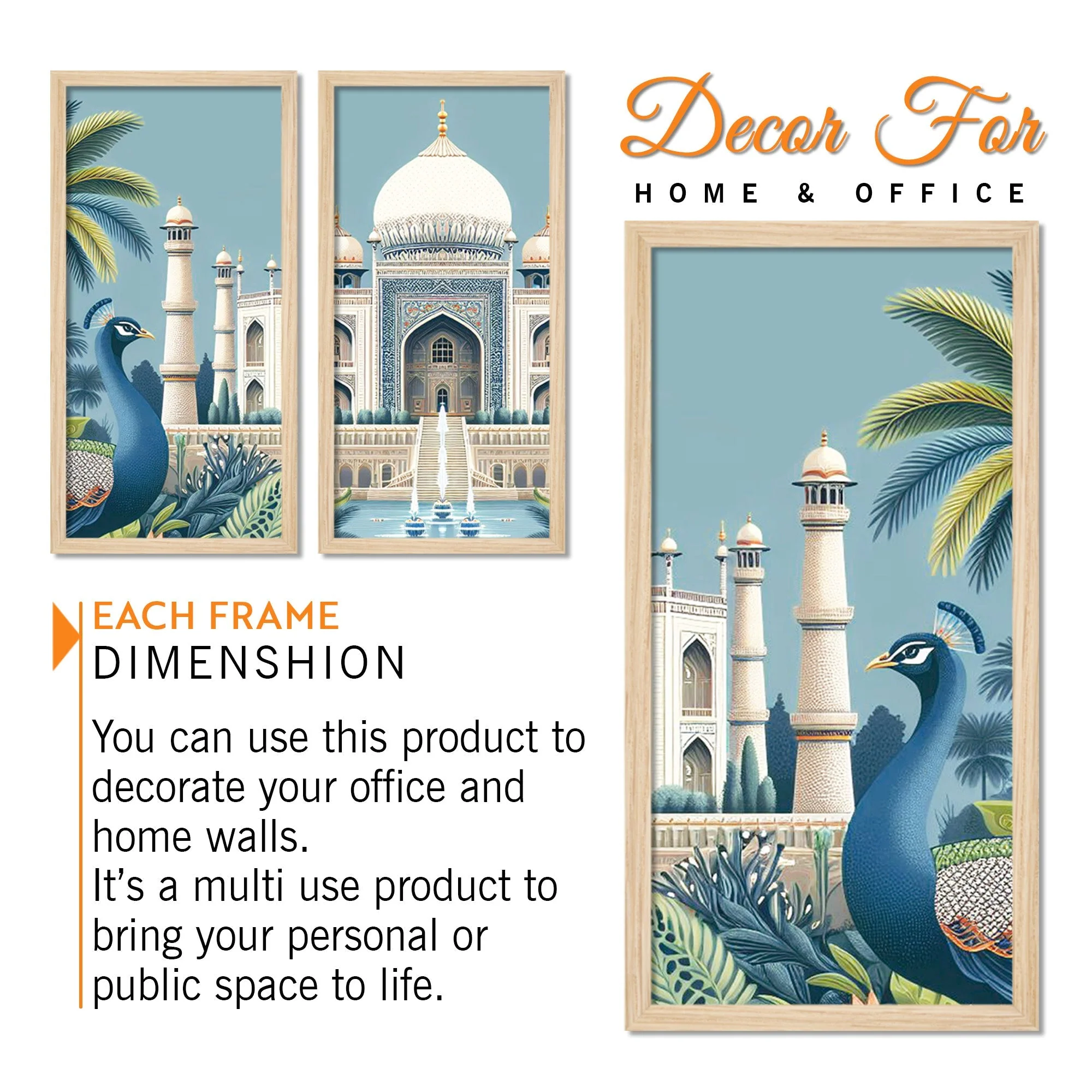 Beautiful View of Taj Mahal Classic Art Wooden Wall Frame Set of Three - Image 5