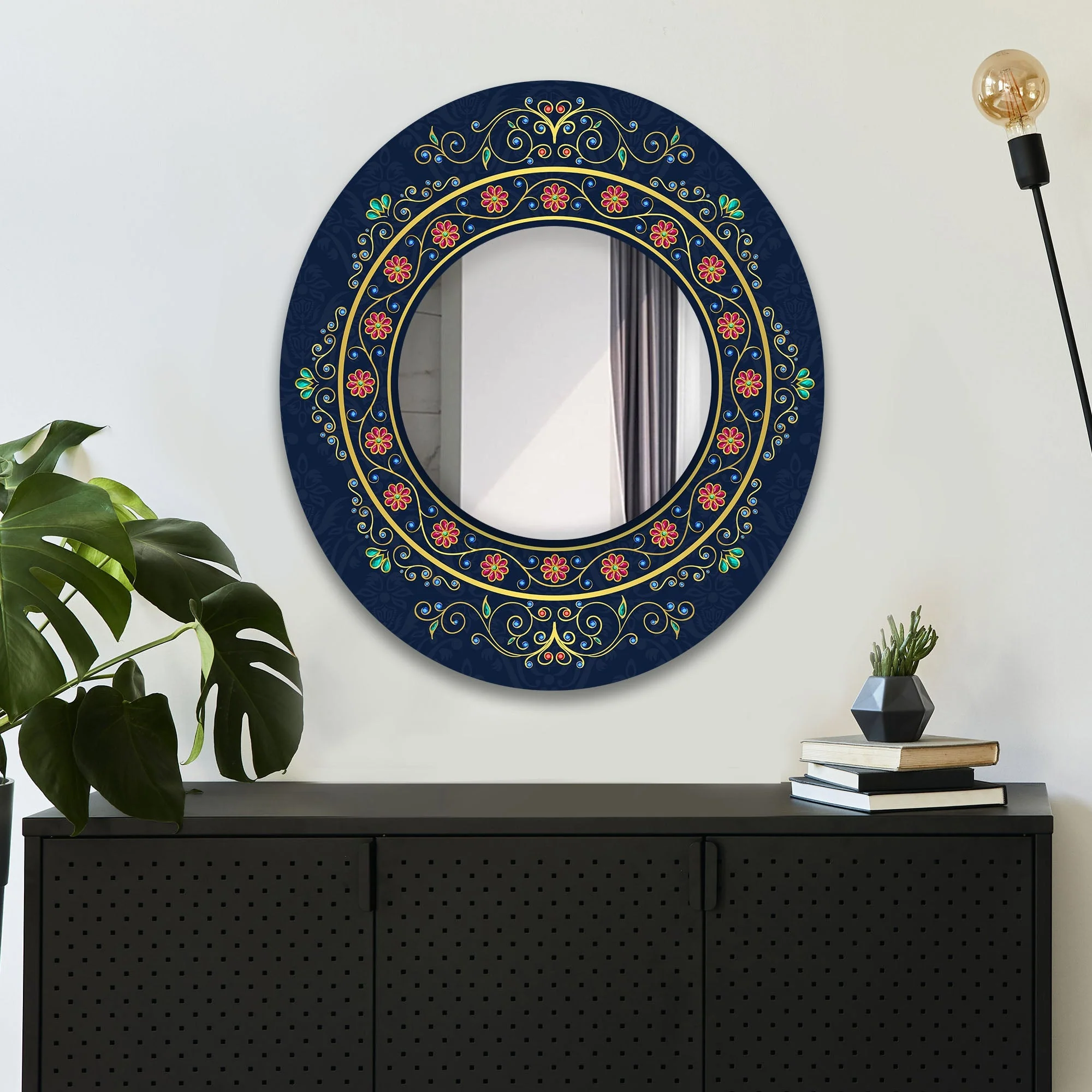 Beautiful Vintage Style with Crystals Abstract Pattern Round Printed Acrylic Wall Mirror