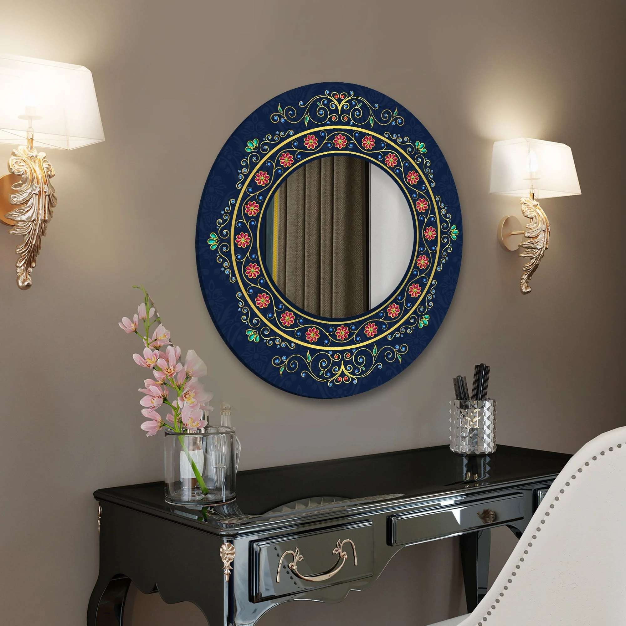 Beautiful Vintage Style with Crystals Abstract Pattern Round Printed Acrylic Wall Mirror - Image 2