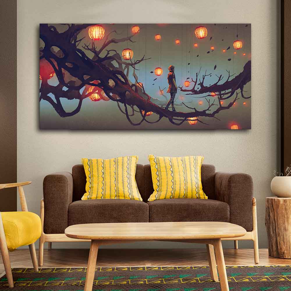 Beautiful Wall Painting of Man Walking on Tree with many Lanterns Background - Image 3