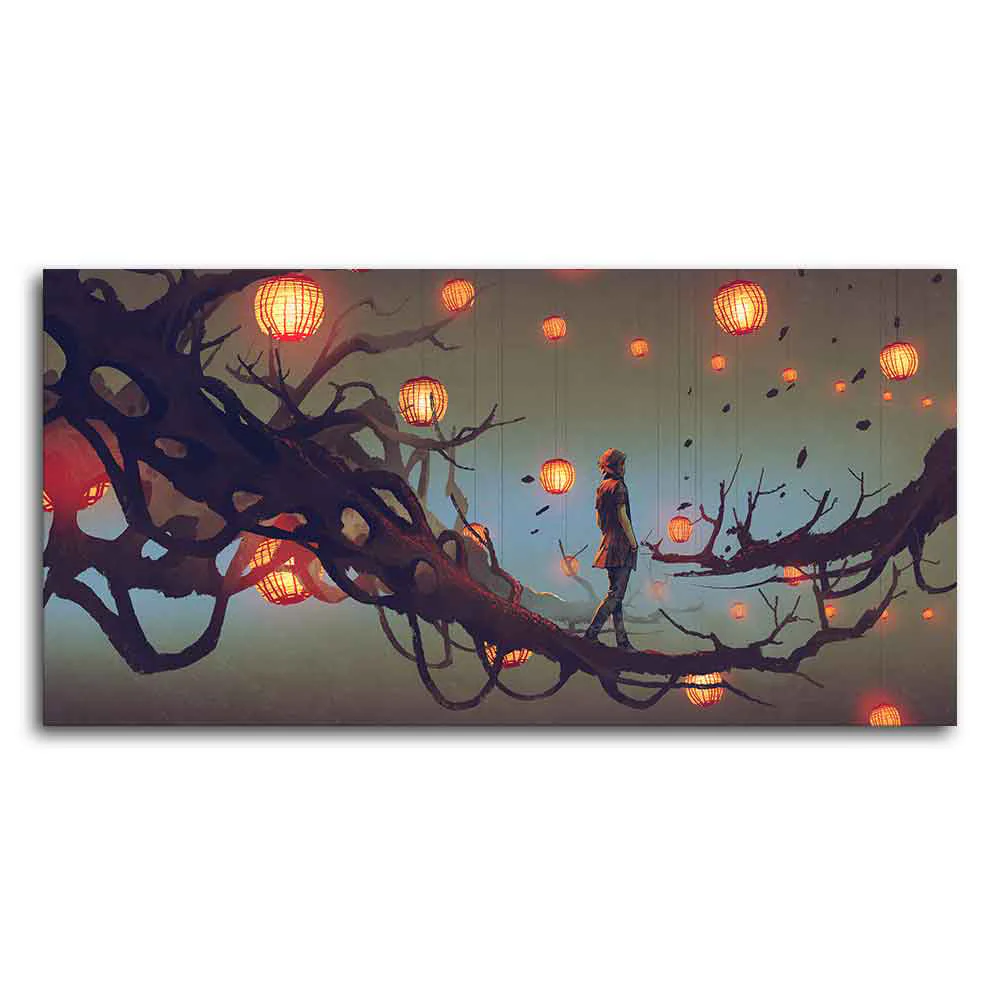 Beautiful Wall Painting of Man Walking on Tree with many Lanterns Background - Image 4