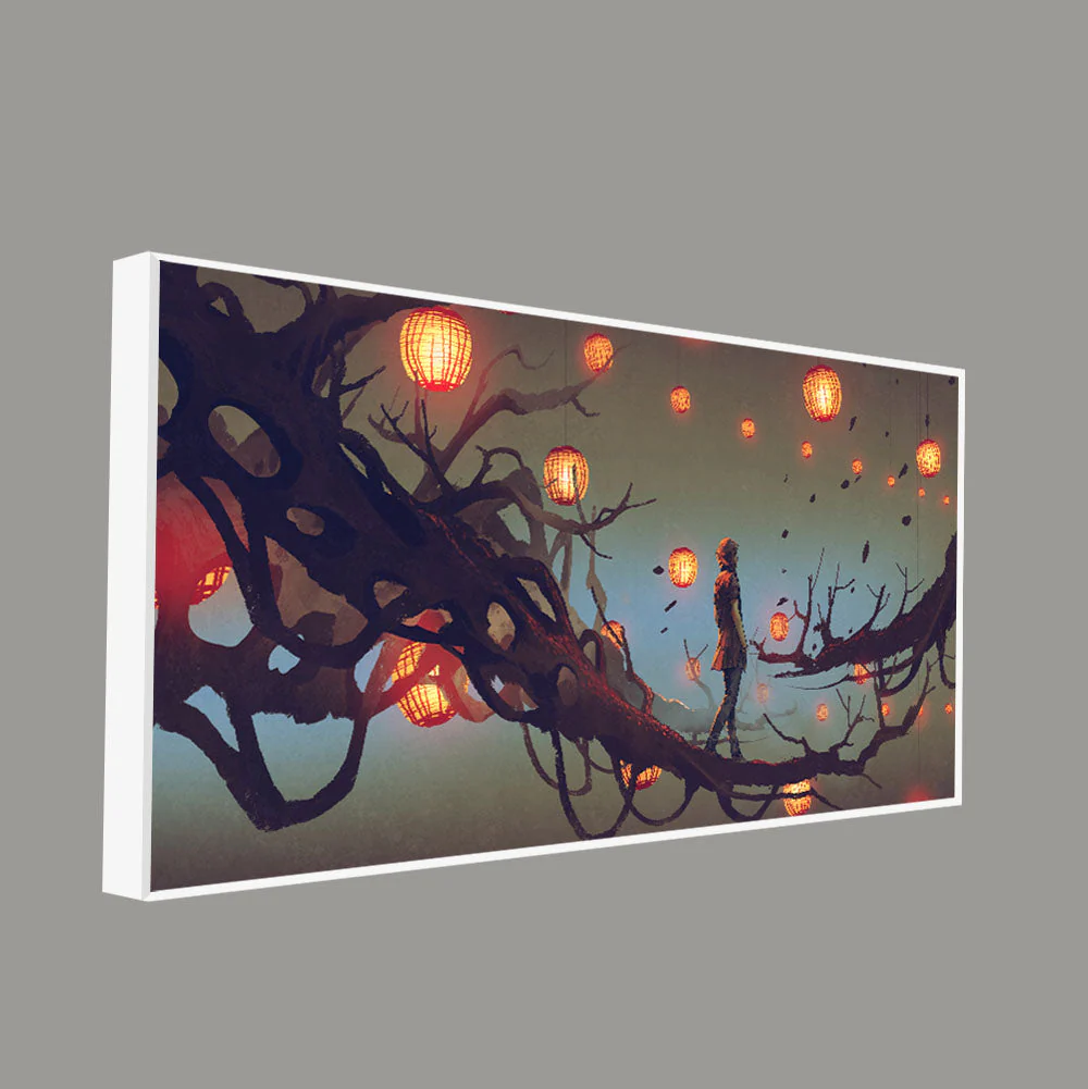 Beautiful Wall Painting of Man Walking on Tree with many Lanterns Background - Image 5