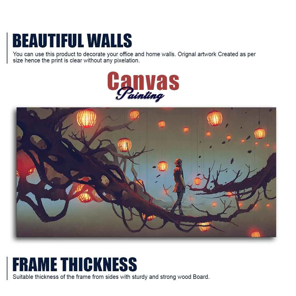 Beautiful Wall Painting of Man Walking on Tree with many Lanterns Background - Image 6