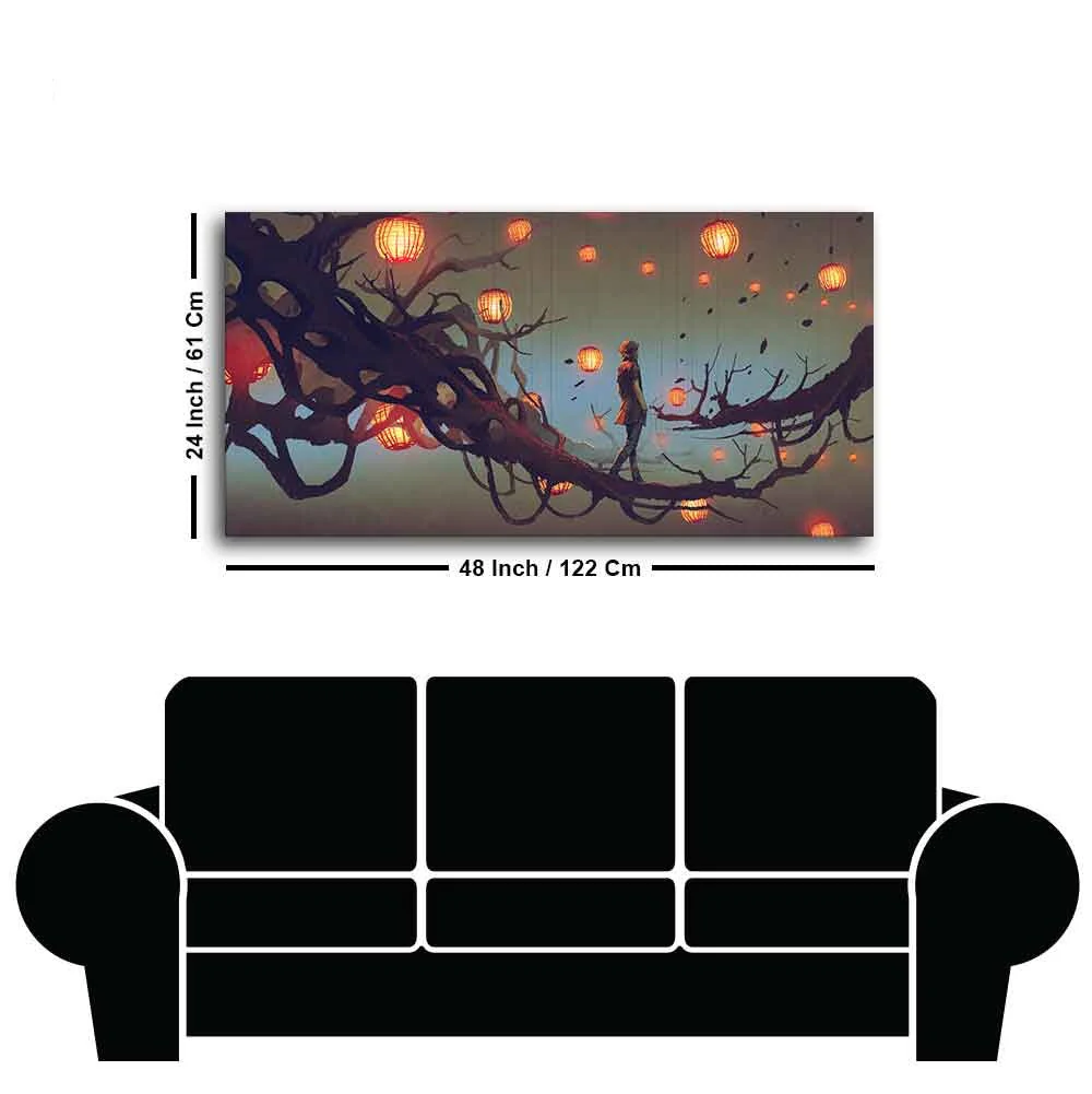 Beautiful Wall Painting of Man Walking on Tree with many Lanterns Background - Image 7