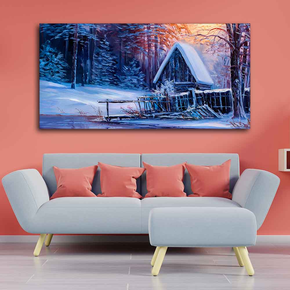 Beautiful Wall Painting of Old Hut in the Winter Forest - Image 2