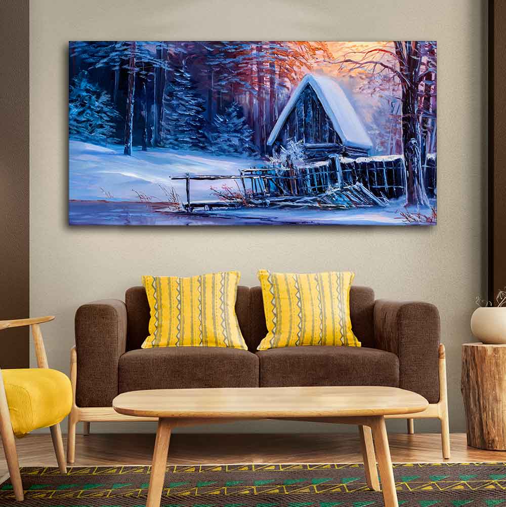 Beautiful Wall Painting of Old Hut in the Winter Forest - Image 3