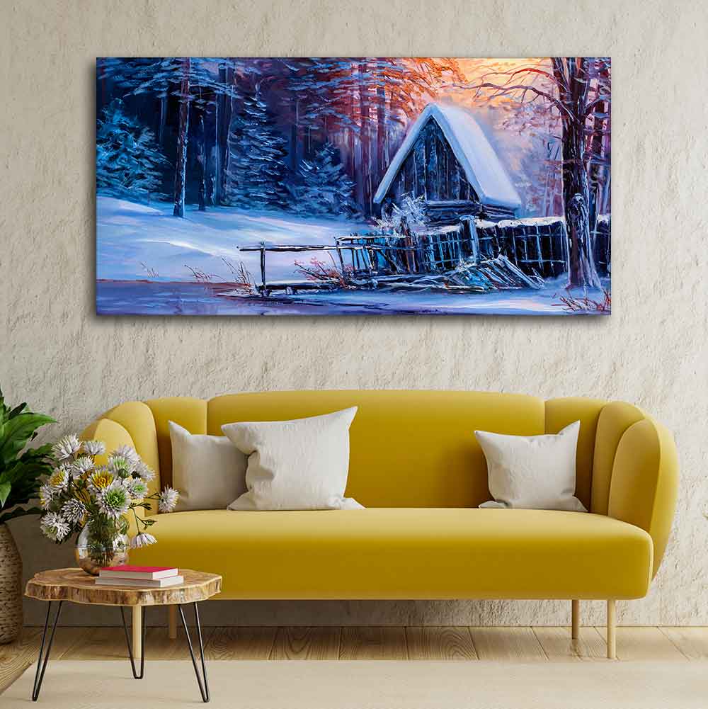 Beautiful Wall Painting of Old Hut in the Winter Forest - Image 4