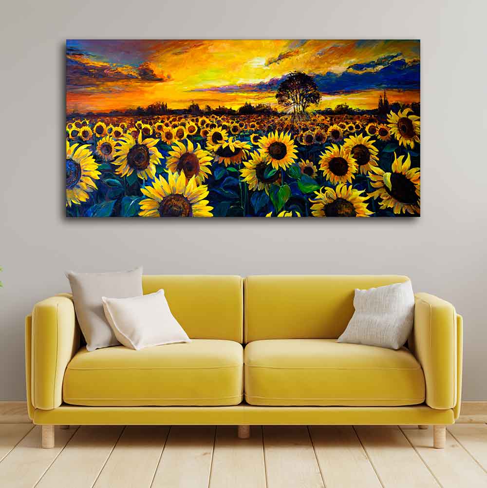 Beautiful Wall Painting of Sunflower Garden in Sunset View - Image 3