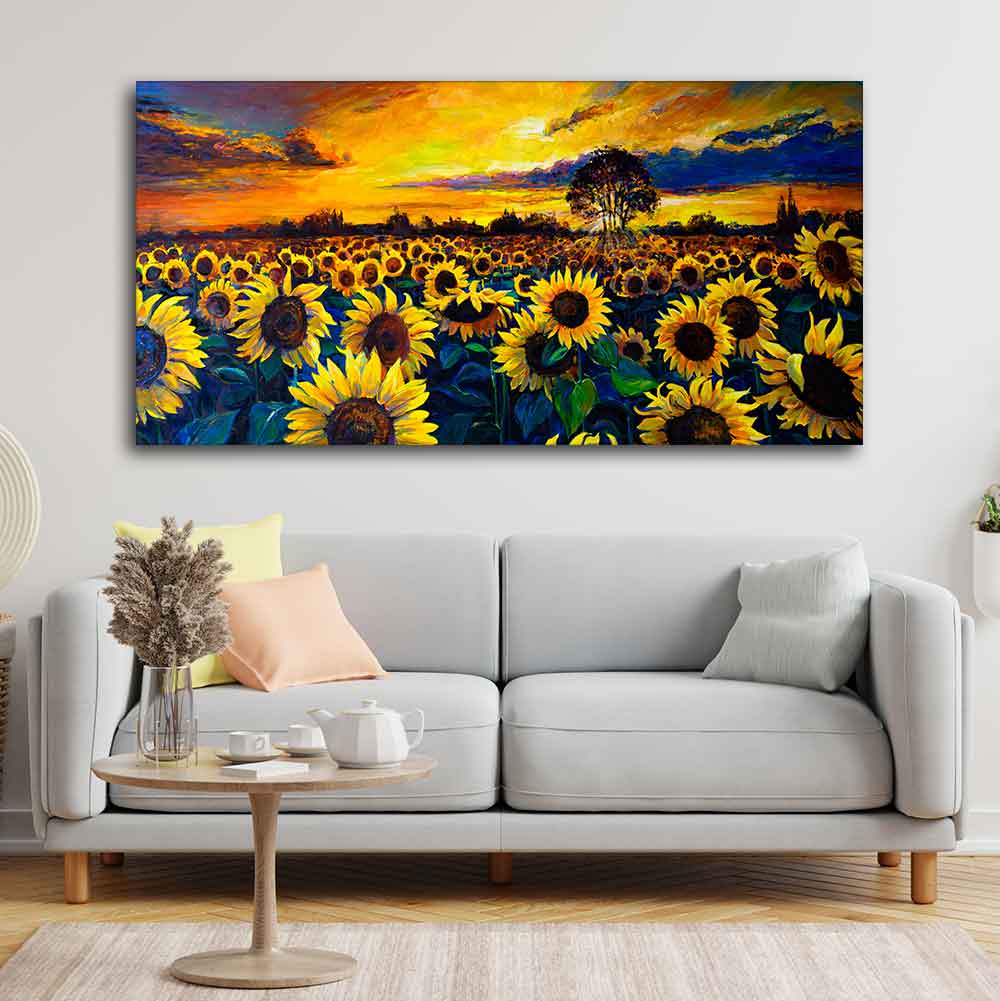 Beautiful Wall Painting of Sunflower Garden in Sunset View - Image 4