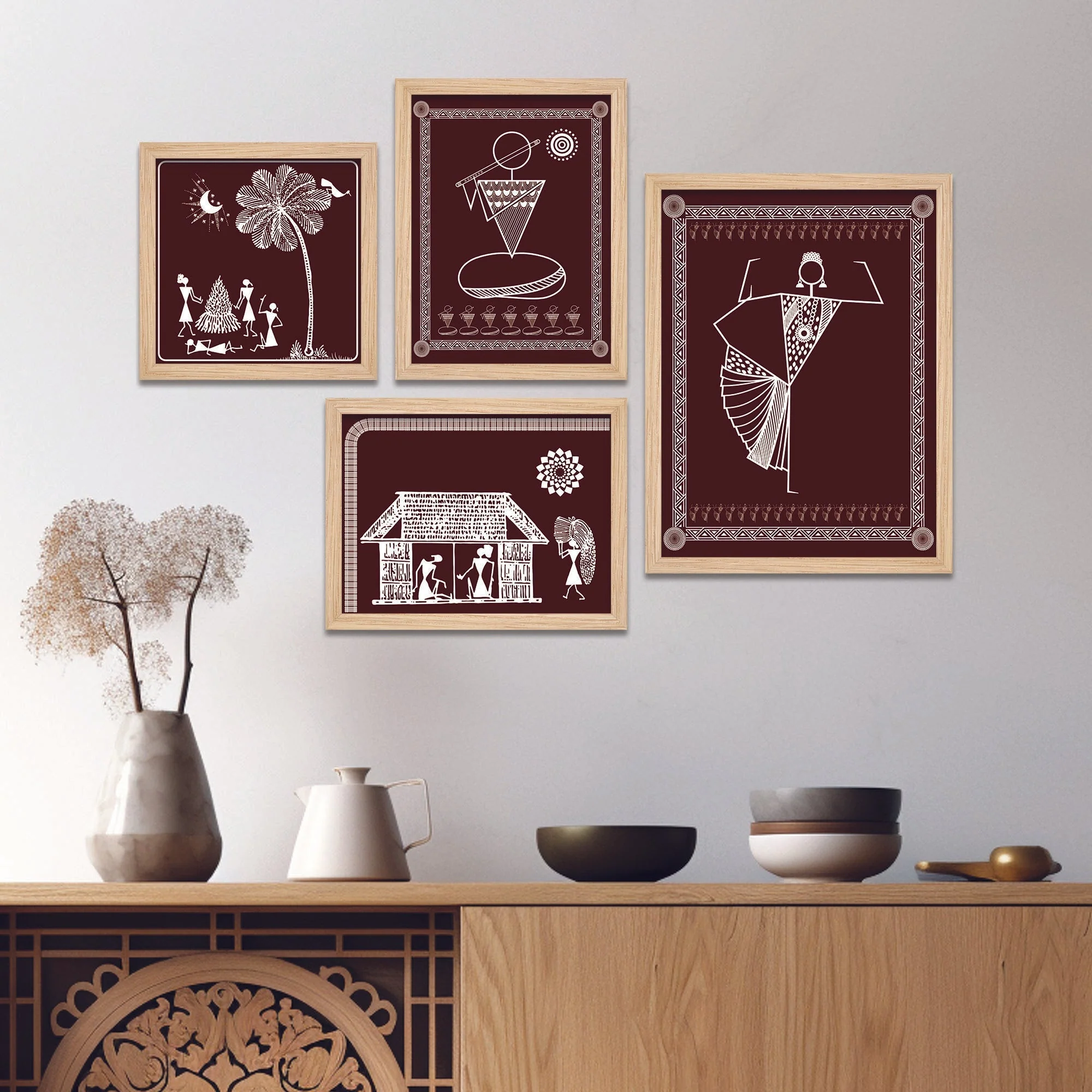 Beautiful Warli Art Indian Rural Life Wall Frame Set of Four - Image 3